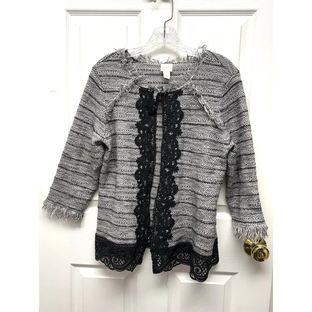 Chico’s Sweater Open Front Cardigan Lace Trim Frayed Edges Size 2 or Womens L